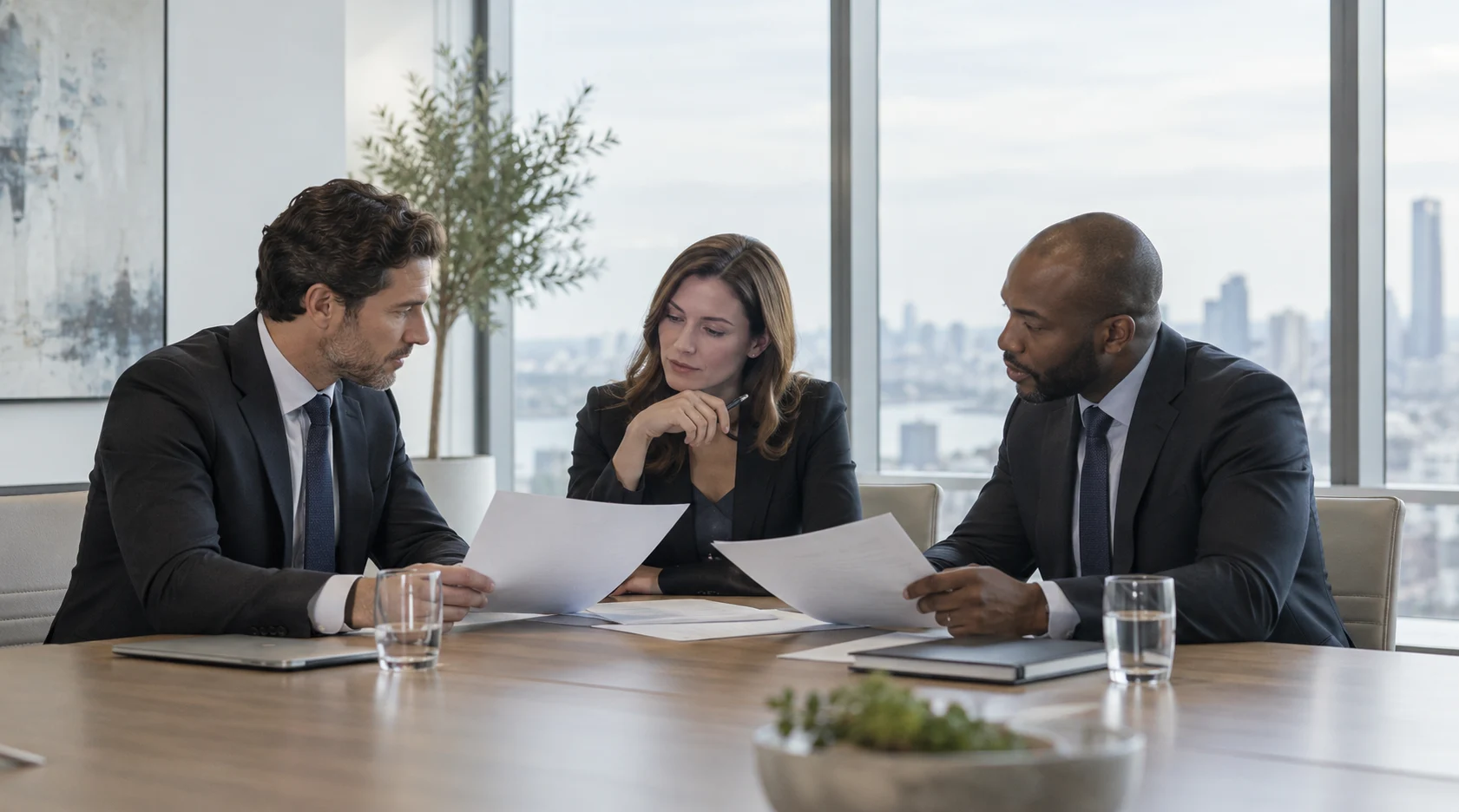 Illustrative professional advisory meeting in a modern boardroom